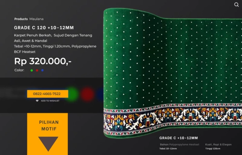 Karpet masjid grade sedang tebal 10 hingga 14mm motif hijau nyaman untuk ibadah di masjid